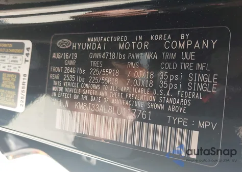 2020 Hyundai Tucson Ultimate z USA, uszkodzony, nr VIN KM8J33AL8LU117761